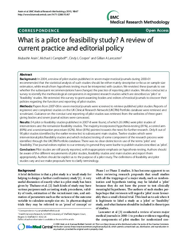 What is a pilot or feasibility study? A review of current practice and editorial policy. Thumbnail