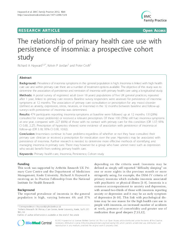 The relationship of primary health care use with persistence of insomnia: a prospective cohort study study Thumbnail