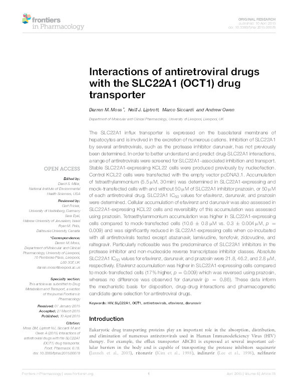 Interactions of antiretroviral drugs with the SLC22A1 (OCT1) drug transporter Thumbnail