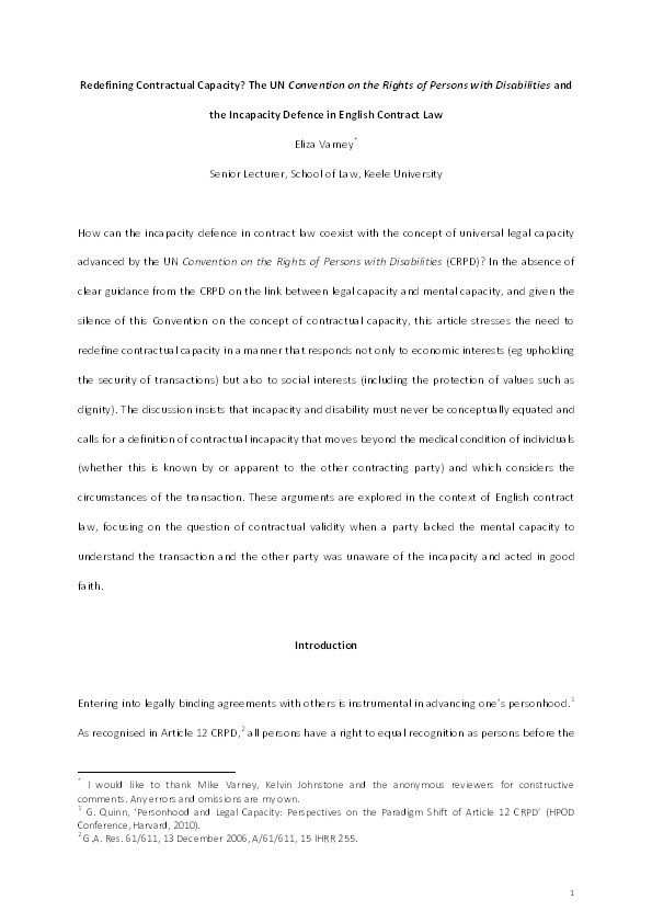 Redefining Contractual Capacity?: The UN Convention on the Rights of Persons with Disabilities and the Incapacity Defence in English Contract Law Thumbnail