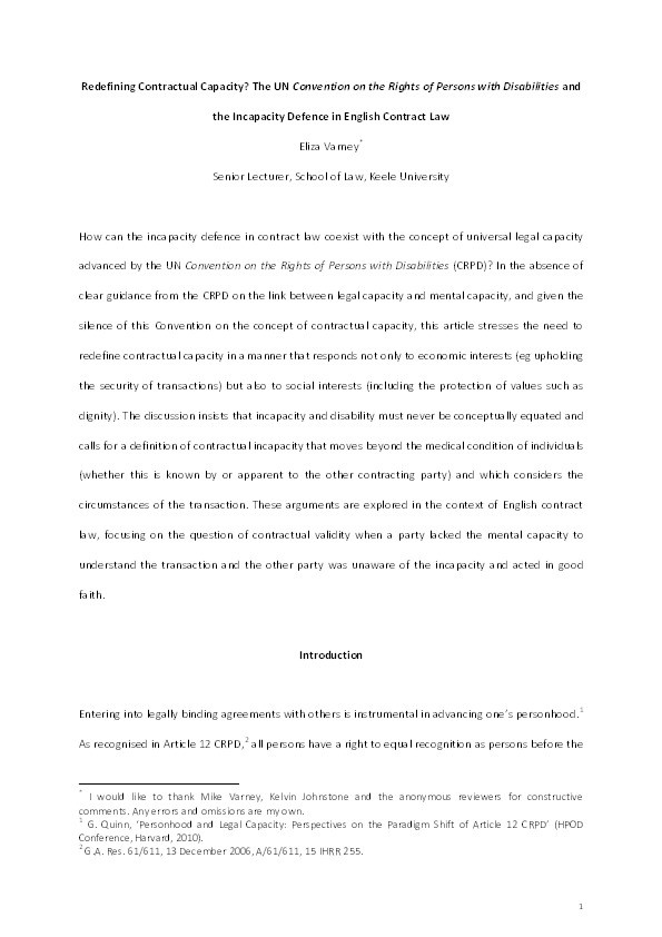 Redefining Contractual Capacity?: The UN Convention on the Rights of Persons with Disabilities and the Incapacity Defence in English Contract Law Thumbnail