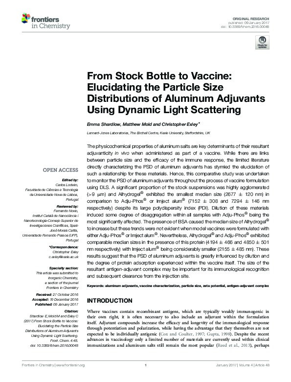 From Stock Bottle to Vaccine: Elucidating the Particle Size Distributions of Aluminum Adjuvants Using Dynamic Light Scattering. Thumbnail