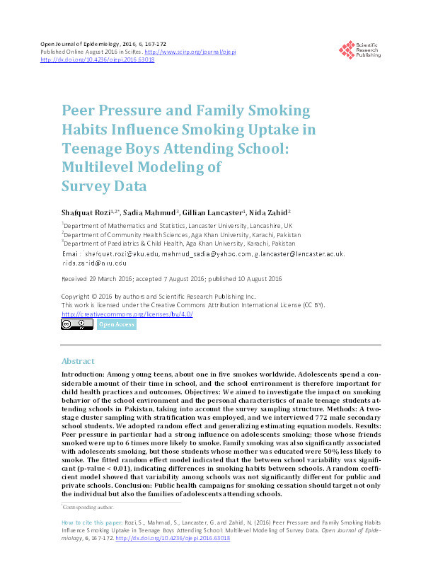 Peer pressure and family smoking habits influence smoking uptake in male adolescents attending public and private schools in Pakistan: multilevel modelling of survey data Thumbnail