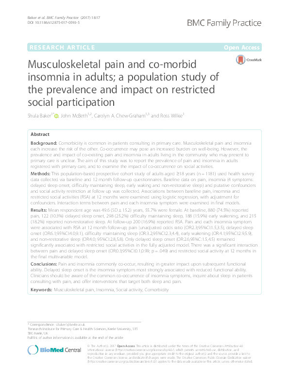 Musculoskeletal pain and co-morbid insomnia in adults; a population study of the prevalence and impact on restricted social participation. Thumbnail