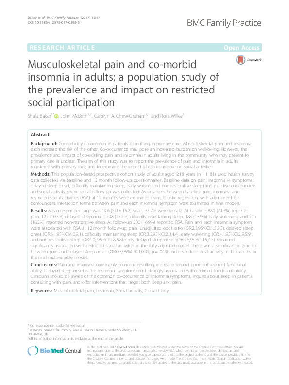 Musculoskeletal pain and co-morbid insomnia in adults; a population study of the prevalence and impact on restricted social participation. Thumbnail