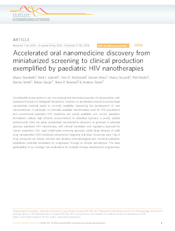 Accelerated oral nanomedicine discovery from miniaturized screening to clinical production exemplified by paediatric HIV nanotherapies Thumbnail