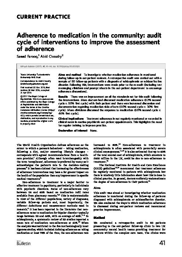 Adherence to medication in the community: audit cycle of interventions to improve the assessment of adherence Thumbnail