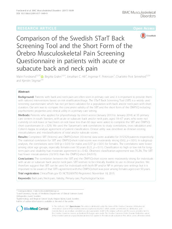 Comparison of the Swedish STarT Back Screening Tool and the Short Form of the Örebro Musculoskeletal Pain Screening Questionnaire in patients with acute or subacute back and neck pain Thumbnail