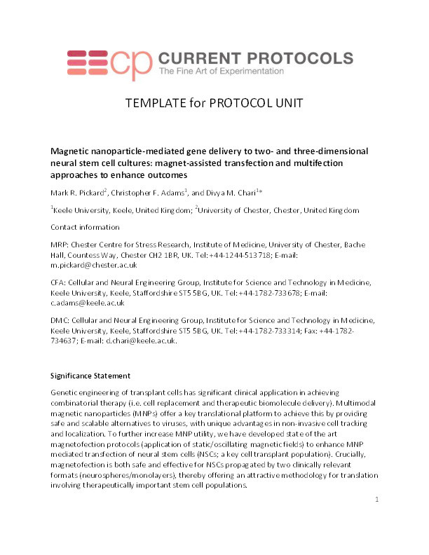 Magnetic Nanoparticle-Mediated Gene Delivery to Two- and Three-Dimensional Neural Stem Cell Cultures: Magnet-Assisted Transfection and Multifection Approaches to Enhance Outcomes. Thumbnail