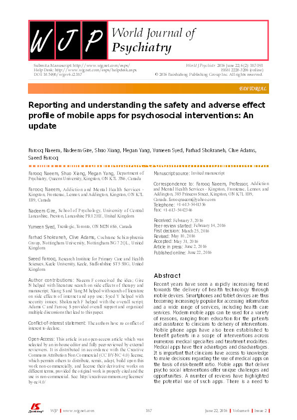 Reporting and understanding the safety and adverse effect profile of mobile apps for psychosocial interventions: An update Thumbnail