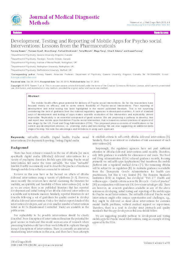 Development, Testing and Reporting of Mobile Apps for Psycho-social Interventions: Lessons from the Pharmaceuticals. Thumbnail