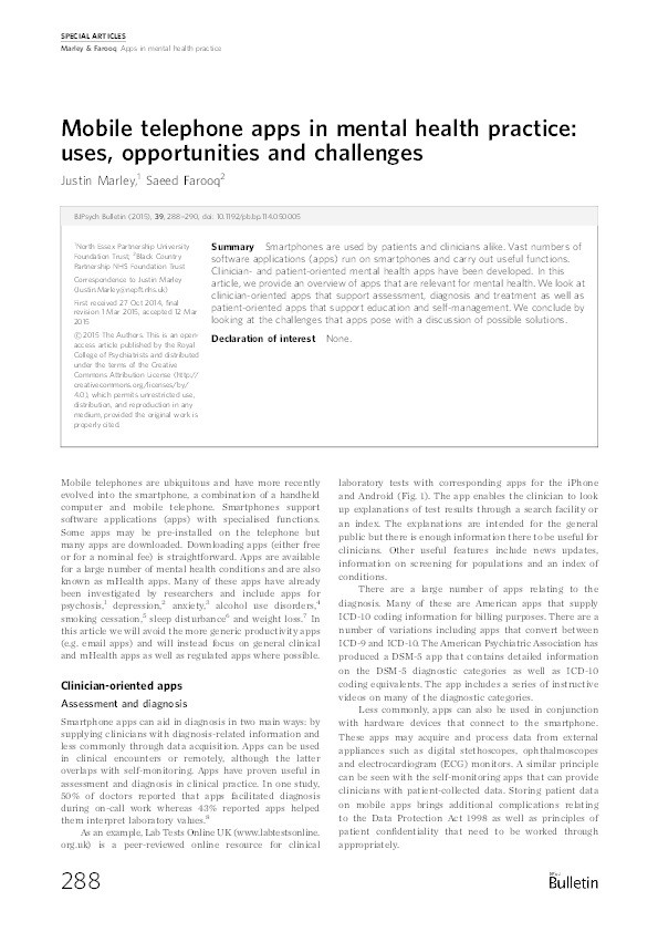 Apps in mental health practice: uses, opportunities and challenges. Thumbnail