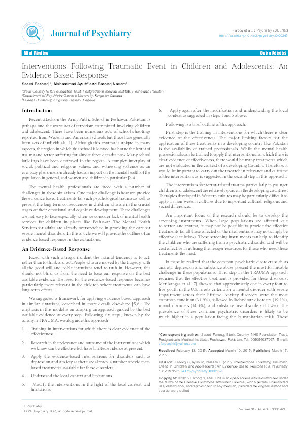 Interventions Following Traumatic Event in Children and Adolescents: An Evidence-Based Response Thumbnail