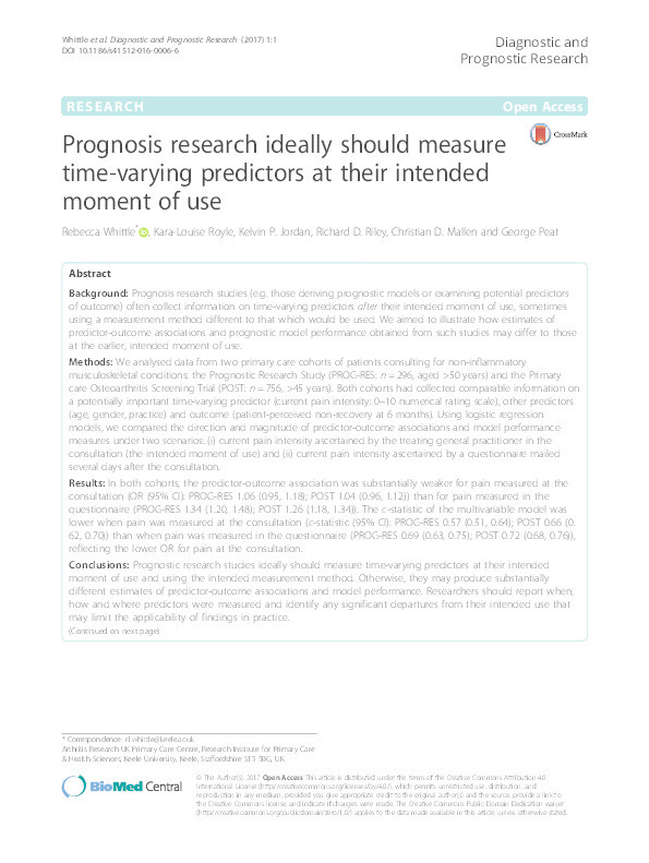 Prognosis research ideally should measure time-varying predictors at their intended moment of use Thumbnail