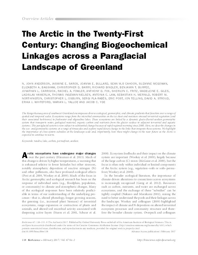 The Arctic in the Twenty-First Century: Changing Biogeochemical Linkages across a Paraglacial Landscape of Greenland Thumbnail