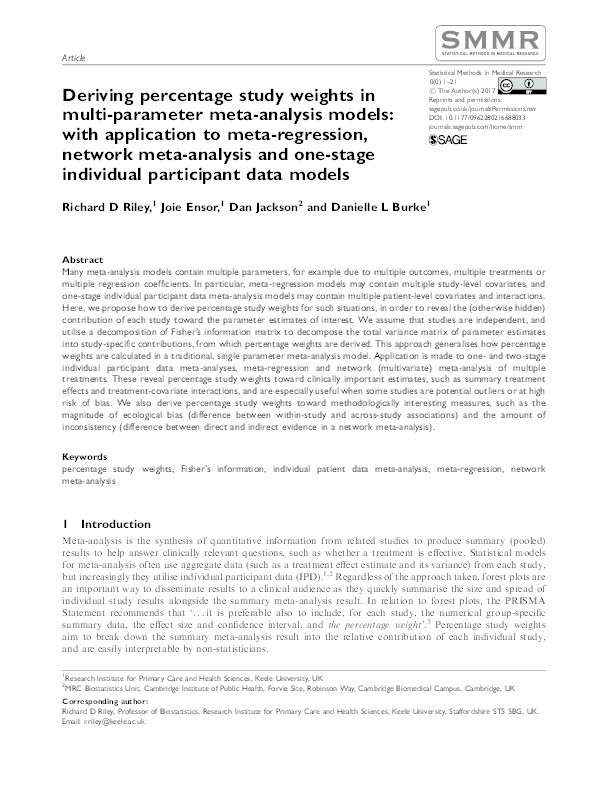 Deriving percentage study weights in multi-parameter meta-analysis models: with application to meta-regression, network meta-analysis and one-stage individual participant data models. Thumbnail