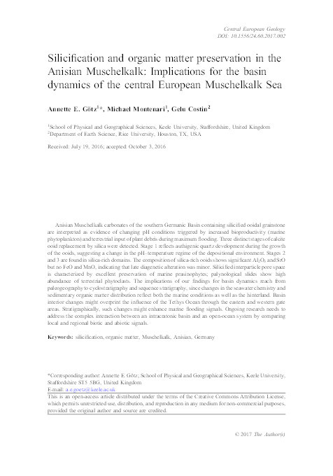 Silicification and organic matter preservation in the Anisian Muschelkalk: Implications for the basin dynamics of the central European Muschelkalk Sea Thumbnail
