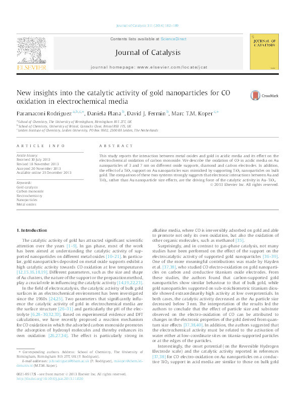 New insights into the catalytic activity of gold nanoparticles for CO oxidation in electrochemical media Thumbnail