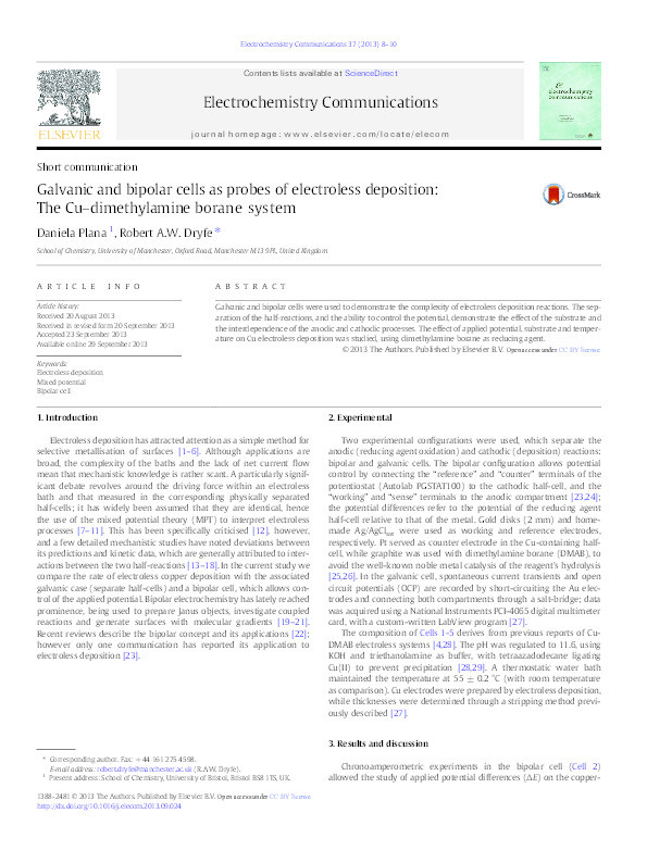 Galvanic and bipolar cells as probes of electroless deposition: The Cu-dimethylamine borane system Thumbnail