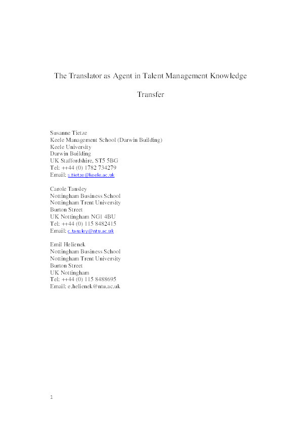 The Translator as Agent in Talent Management Knowledge Transfer Thumbnail