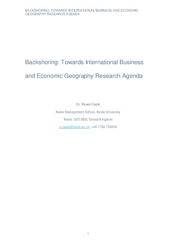 Backshoring: Towards International Business and Economic Geography Research Agenda Thumbnail