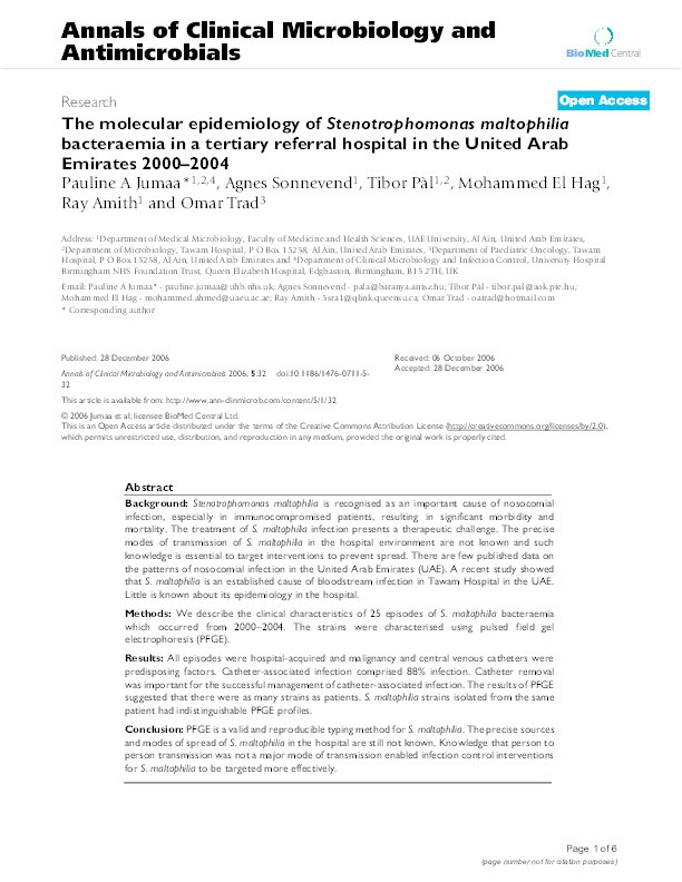 The molecular epidemiology of Stenotrophomonas maltophilia bacteraemia in a tertiary referral hospital in the United Arab Emirates 2000-2004. Thumbnail