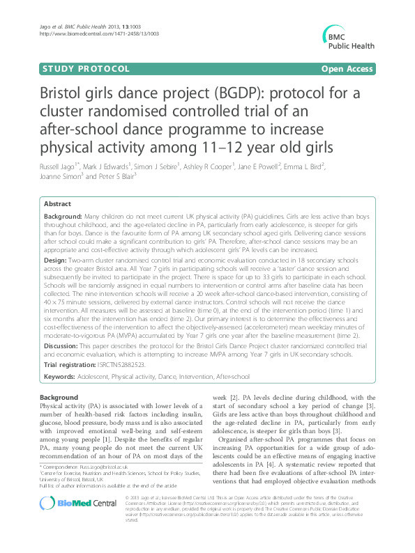Bristol girls dance project (BGDP): protocol for a cluster randomised controlled trial of an after-school dance programme to increase physical activity among 11–12 year old girls Thumbnail