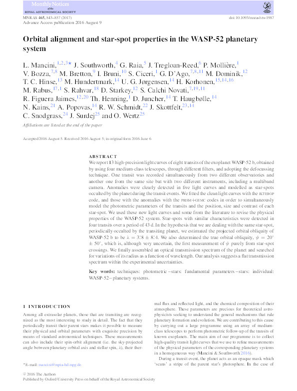 Orbital alignment and star-spot properties in the WASP-52 planetary system Thumbnail