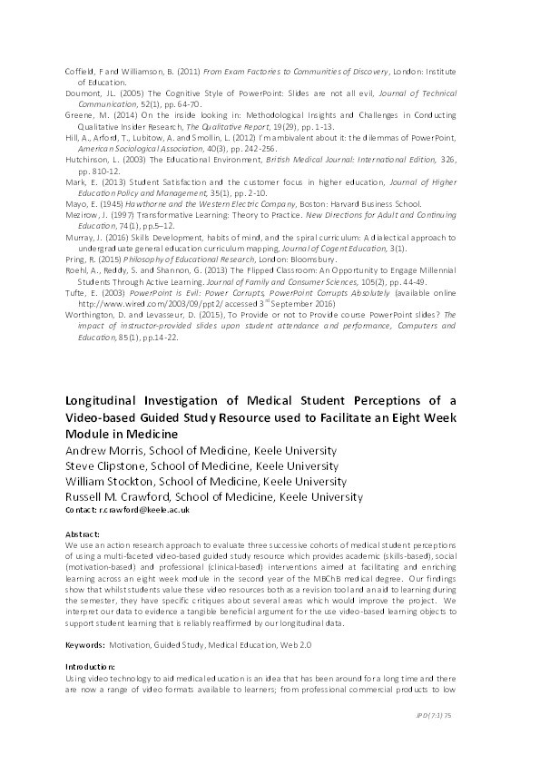 Longitudinal Investigation of Medical Student Perceptions of a Video-based Guided Study Resource used to Facilitate an Eight Week Module in Medicine. Thumbnail