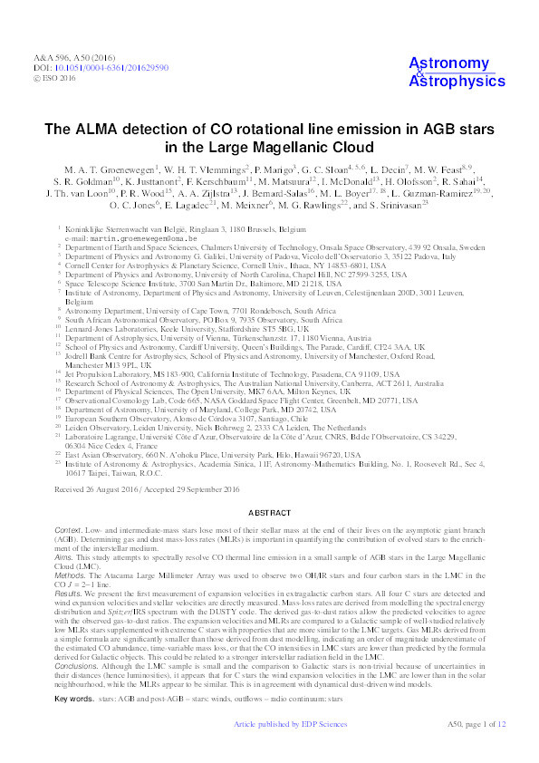 The ALMA detection of CO rotational line emission in AGB stars in the Large Magellanic Cloud Thumbnail