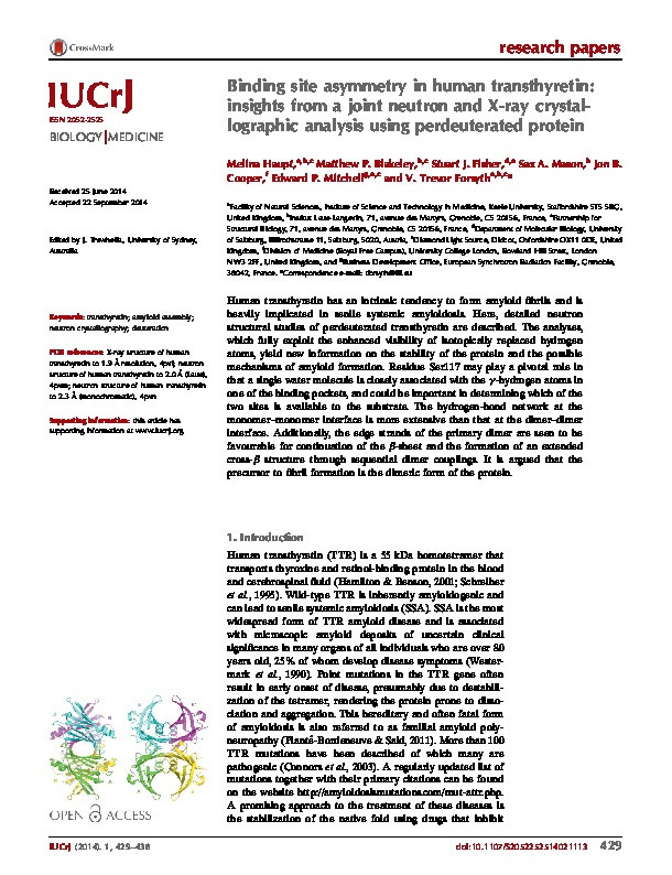 Binding site asymmetry in human transthyretin: insights from a joint neutron and X-ray crystallographic analysis using perdeuterated protein. Thumbnail