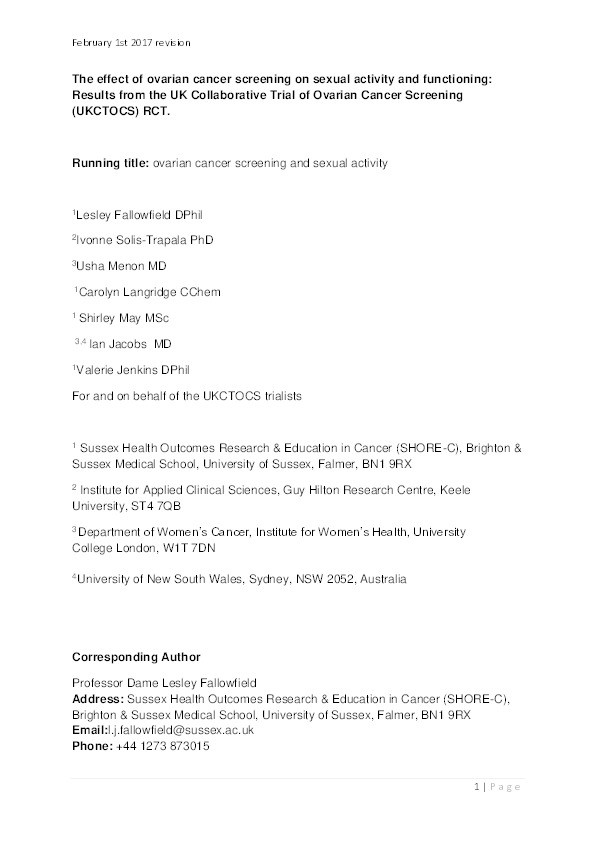 The effect of ovarian cancer screening on sexual activity and functioning: results from the UK collaborative trial of ovarian cancer screening RCT Thumbnail