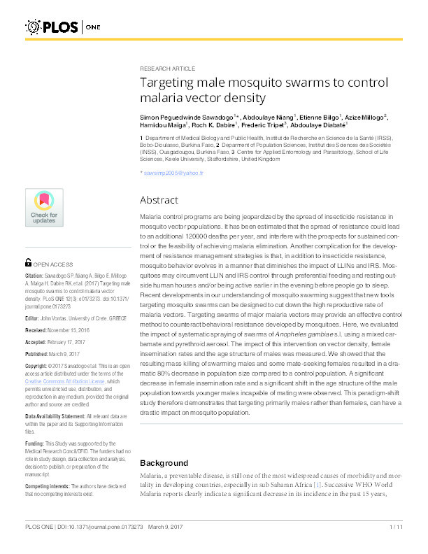 Targeting male mosquito swarms to control malaria vector density Thumbnail