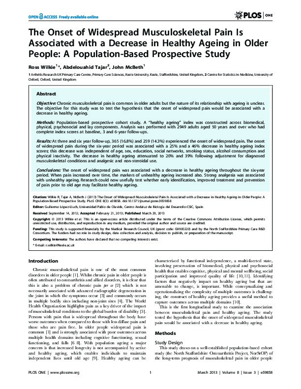 The onset of widespread musculoskeletal pain is associated with a decrease in healthy ageing in older people: a population-based prospective study Thumbnail
