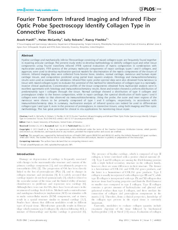 Fourier transform infrared imaging and infrared fiber optic probe spectroscopy identify collagen type in connective tissues Thumbnail