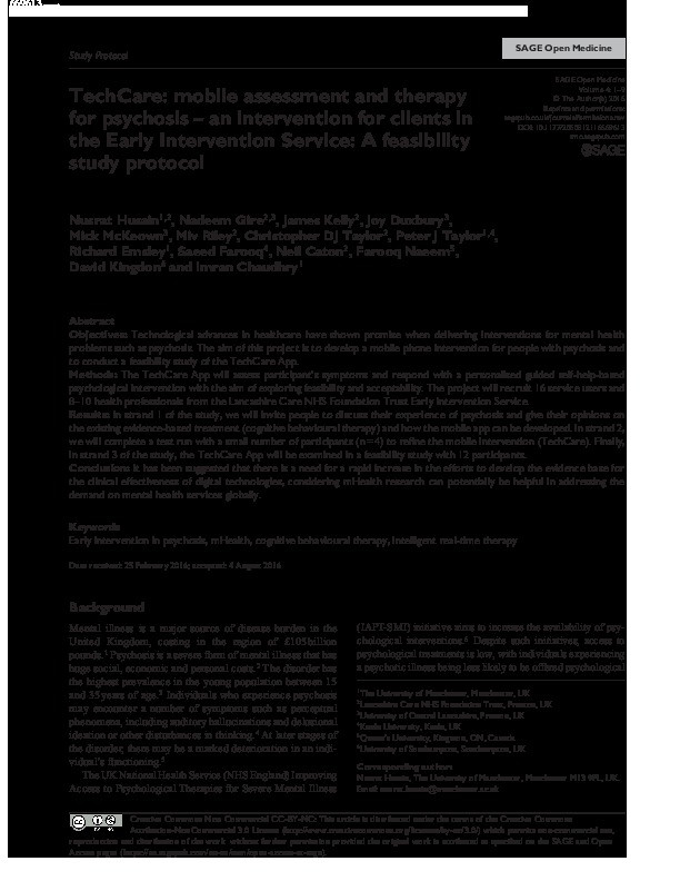 TechCare: mobile assessment and therapy for psychosis - an intervention for clients in the Early Intervention Service: A feasibility study protocol Thumbnail