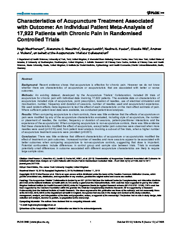 Characteristics of acupuncture treatment associated with outcome: an individual patient meta-analysis of 17,922 patients with chronic pain in randomised controlled trials Thumbnail
