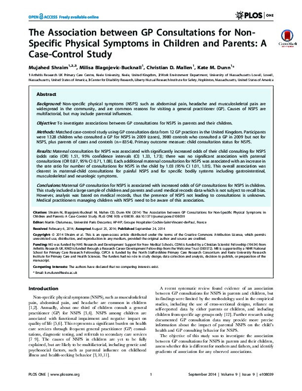 The association between GP consultations for non-specific physical symptoms in children and parents: a case-control study Thumbnail