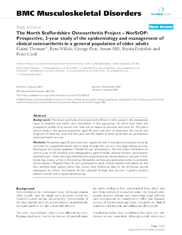 The North Staffordshire Osteoarthritis Project--NorStOP: prospective, 3-year study of the epidemiology and management of clinical osteoarthritis in a general population of older adults Thumbnail