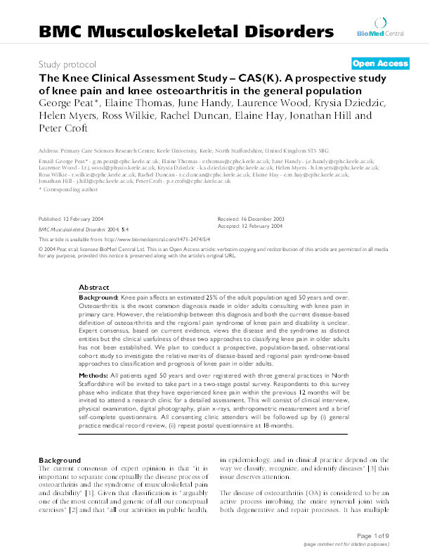 The Knee Clinical Assessment Study--CAS(K). A prospective study of knee pain and knee osteoarthritis in the general population Thumbnail