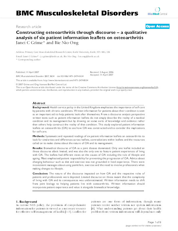 Constructing osteoarthritis through discourse: a qualitative analysis of six patient information leaflets on osteoarthritis Thumbnail