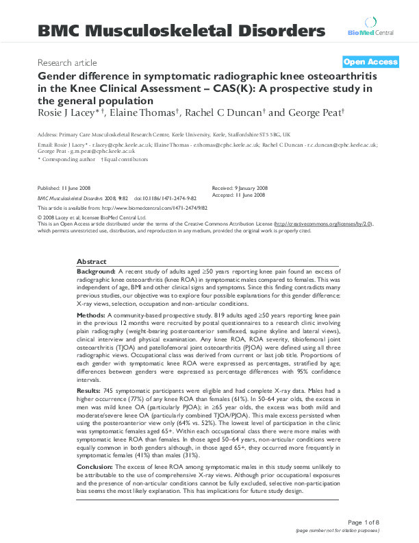 Gender difference in symptomatic radiographic knee osteoarthritis in the Knee Clinical Assessment--CAS(K): a prospective study in the general population Thumbnail