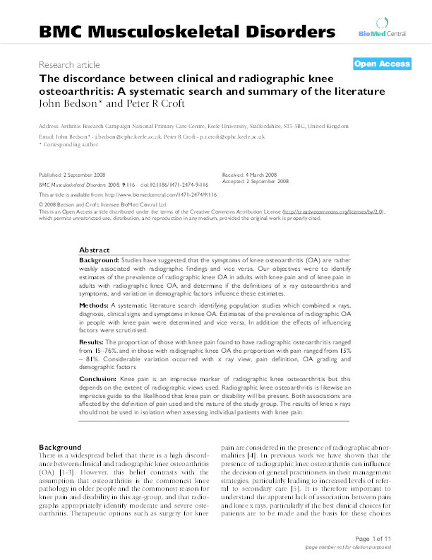 The discordance between clinical and radiographic knee osteoarthritis: a systematic search and summary of the literature Thumbnail