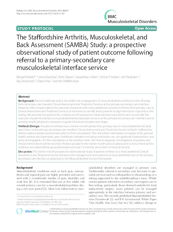 The Staffordshire Arthritis, Musculoskeletal, and Back Assessment (SAMBA) Study: a prospective observational study of patient outcome following referral to a primary-secondary care musculoskeletal interface service Thumbnail