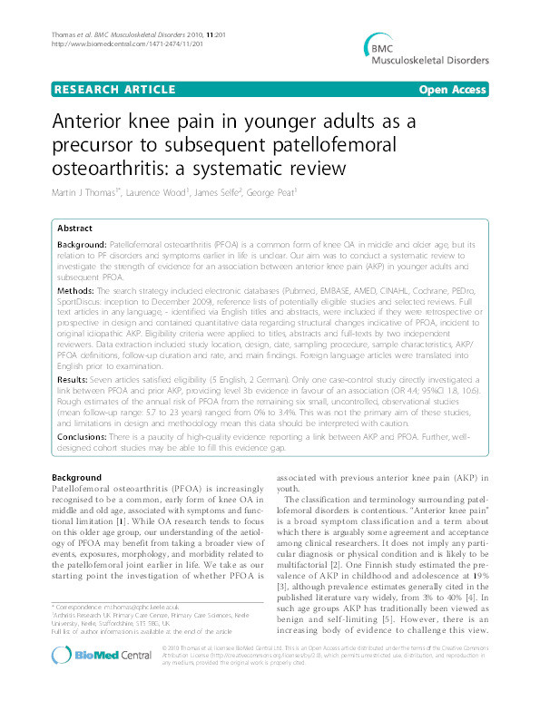 Anterior knee pain in younger adults as a precursor to subsequent patellofemoral osteoarthritis: a systematic review Thumbnail