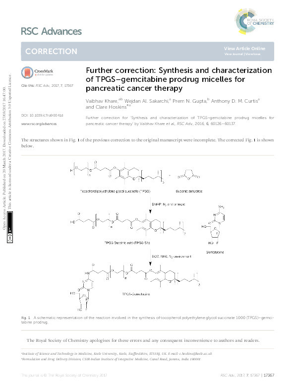 Further correction: Synthesis and characterization of TPGS-gemcitabine prodrug micelles for pancreatic cancer therapy Thumbnail