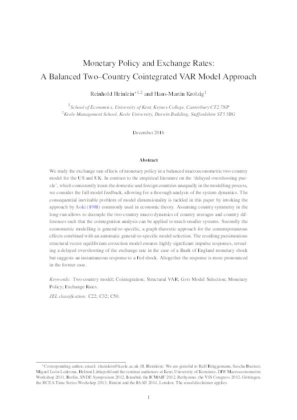 Monetary Policy and Exchange Rates: A Balanced Two-Country Cointegrated VAR Model Approach Thumbnail