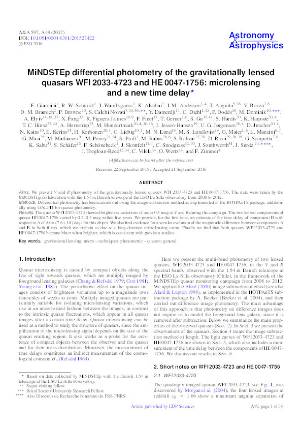 MiNDSTEp differential photometry of the gravitationally lensed quasars WFI 2033-4723 and HE0047-1756: microlensing and a new time delay Thumbnail