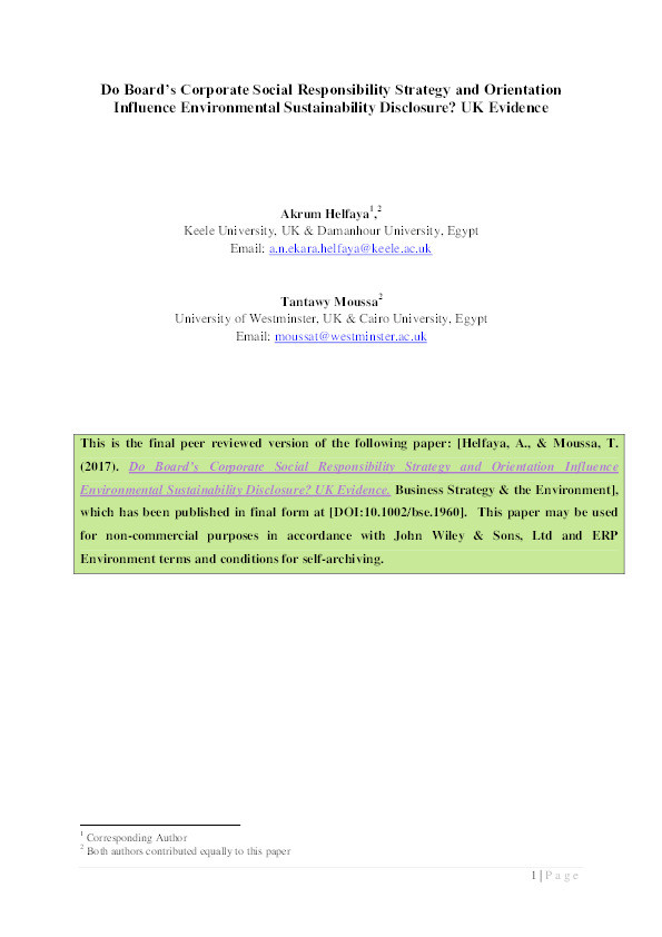 Do Board CSR Strategy and Orientation Influence Corporate Environmental Disclosures of UK firms. Thumbnail