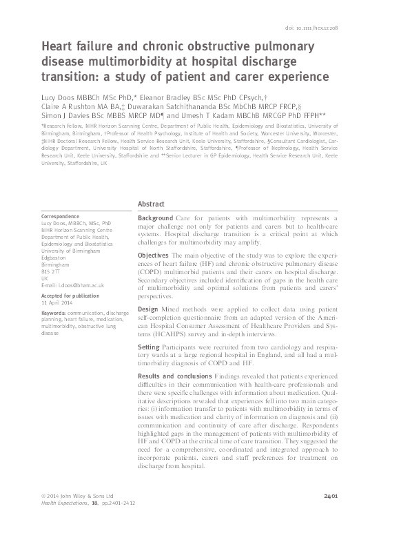 Heart failure and chronic obstructive pulmonary disease multimorbidity at hospital discharge transition: a study of patient and carer experience Thumbnail